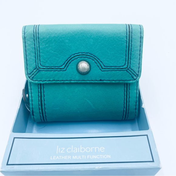 New Liz Claiborne Multi-Function Leather Wallet Turquois Blue / Green $38 Retail - Picture 3 of 7
